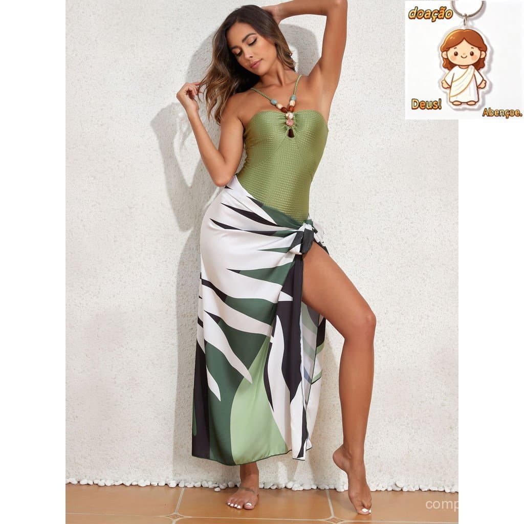 Feminino Conjunto Body Bore Estampado Maiô Com Bojo+ Saida de Praia
