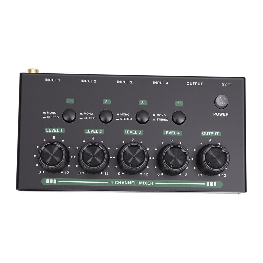 Solinder Mixer de som portátil de 4 canais, estúdio estéreo de baixo ruído, gravação ao vivo, alimentado por bateria