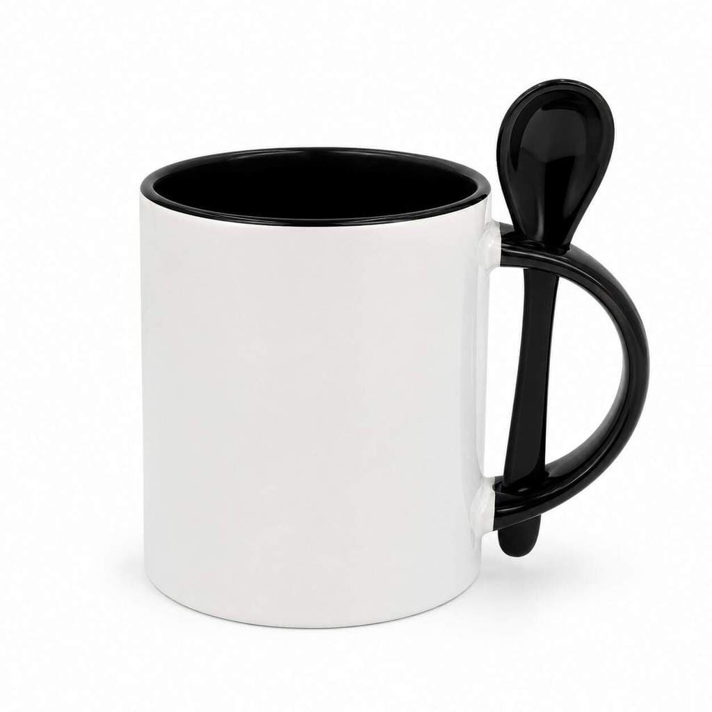 Caneca de Cerâmica com Colher Reta Preta para Sublimação - 325ml