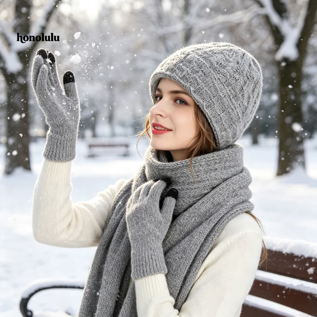 Hon * 1 Conjunto De Chapéu De Inverno Elástico De Cor Sólida , Malha À Prova De Vento E Quente , Ajuste Perfeito Para At