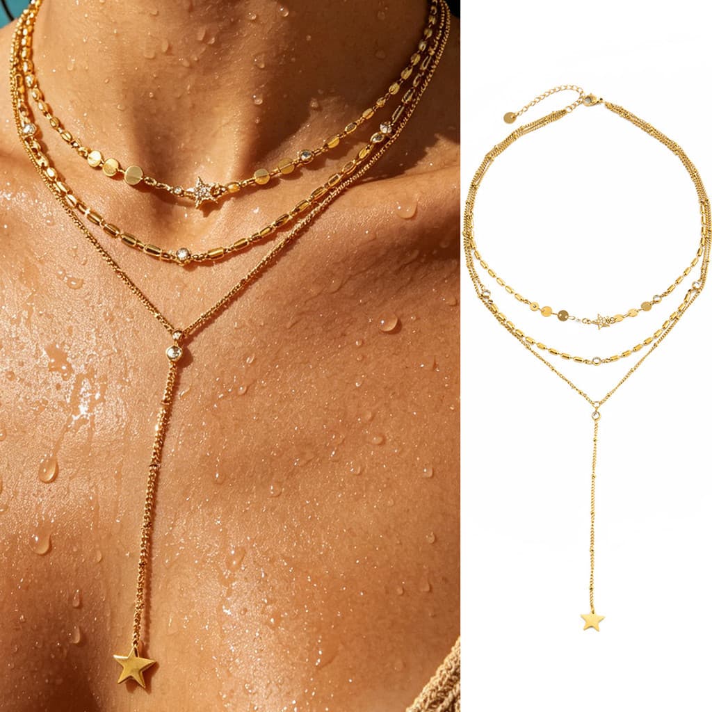Material de aço inoxidável banhado a ouro ou banhado a prata, formato de estrela de cinco pontas Colar de aço inoxidável
