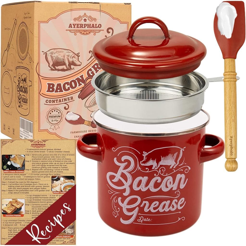 Recipiente para Gordura de Bacon com Filtro - Capacidade Grande de 46OZ, Com Espátula de Madeira de Silicone, Recipiente