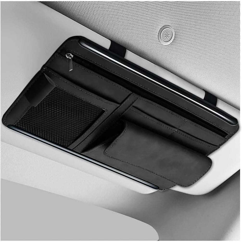 Organizador de Visor Solar para Carro, Estojo Organizador de Bolso em Couro com Múltiplos Bolsos de Rede e Zíper, Porta-