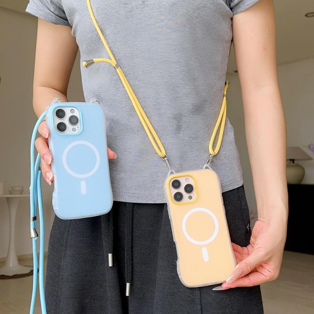[Exclusive by Huafeng] 3D Cat Ear Jelly Frosted Magnetic Adjustable Long Strap Cute Cartoon Phone Case for 17 Pro Max, 1