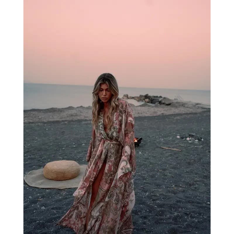 Vestido de Praia Estampado para Mulheres, Saída de Praia em Chiffon Transparente, Kimono Cardigã Longo, Saída de Praia M