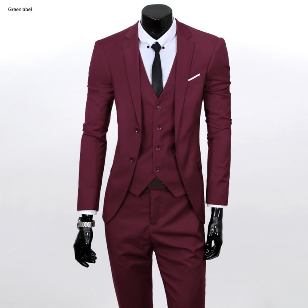 3-piece Suit with Lapels Jacket Vest Pants Set 3pcs Men Slim Fit – Formal Wedding Tuxedo Solid Color Business Outfit f