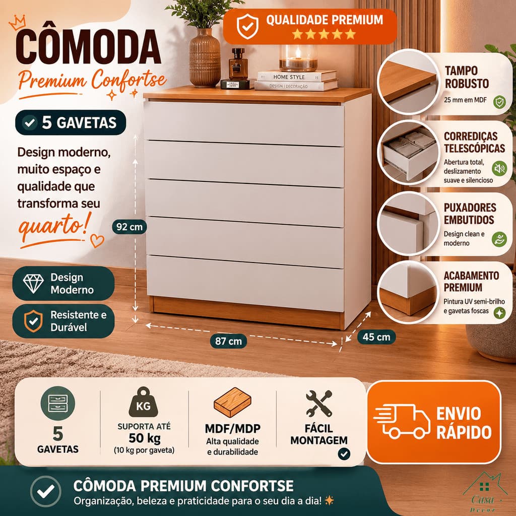 Cômoda 5 Gavetas Confortse Premium MDF Alta Resistência para Quarto