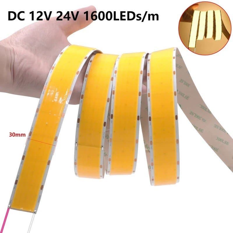Fita LED COB Ultra Brilhante 24V 1600LEDs/m Alta Densidade Flexível Regulável 30mm de Largura do PCB 3000K 4000K 6000K 5