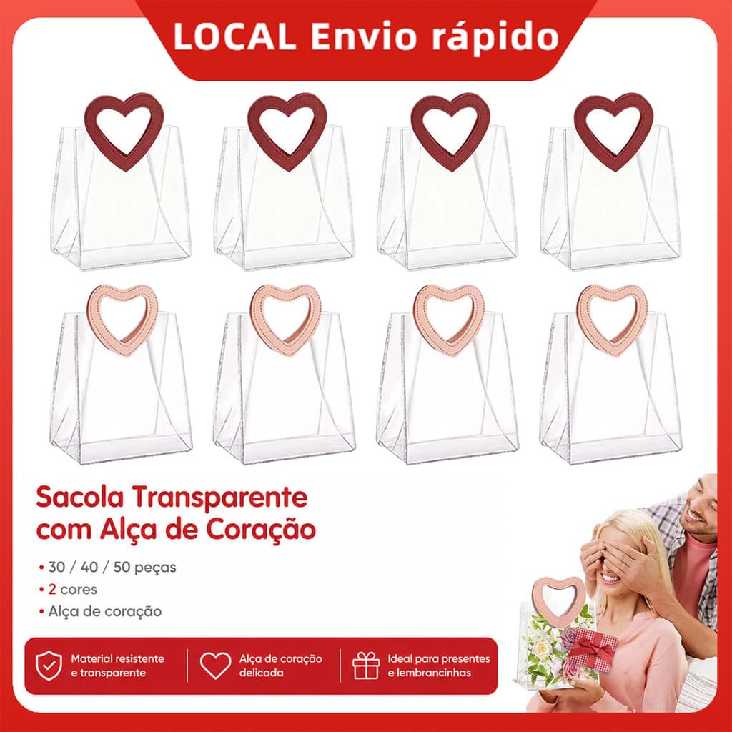 30/40/50 Peças Sacolas de Mão Transparentes com Alça de Coração para Presentes, Festas e Uso Diário