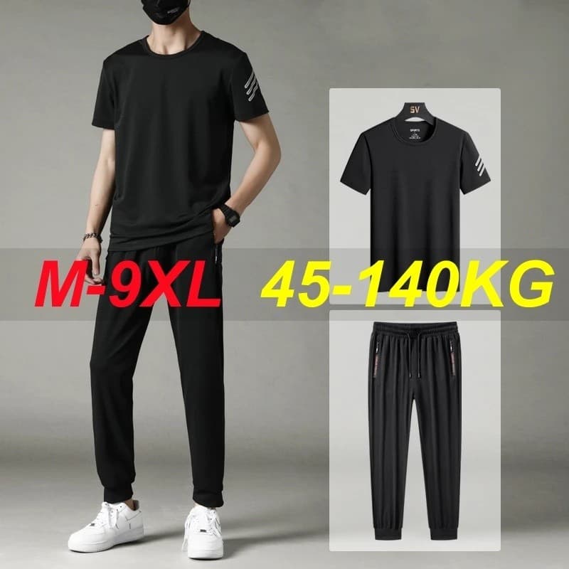 Conjunto de 2 Peças para Homens Tamanho Grande: Camiseta de Manga Curta Oversized e Calças de Treino Esportivas