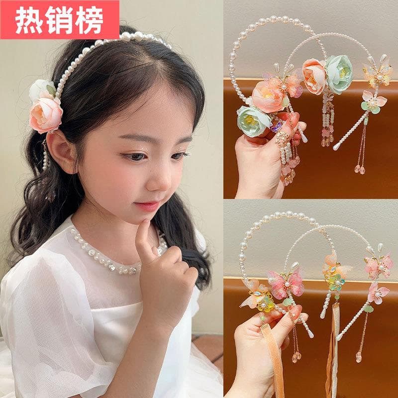 Crianças antigo brincos falsos bandana acessórios para o cabelo meninas pérola borla traje bandana meninas Hanfu Hairpin