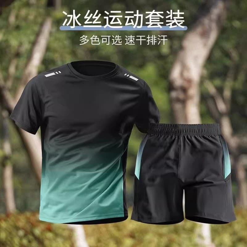 Conjunto esportivo de secagem rápida para homens, roupa de verão para fitness em tecido de seda gelada, camiseta de mang