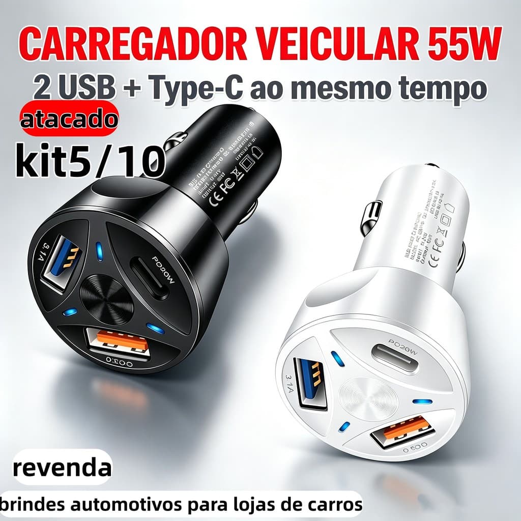 Acessório Carro Atacado Kit 10/5/ Carregador Veicular 55W 3 Portas | QC 3.0 PD 20W USB Tipo C | Revenda
