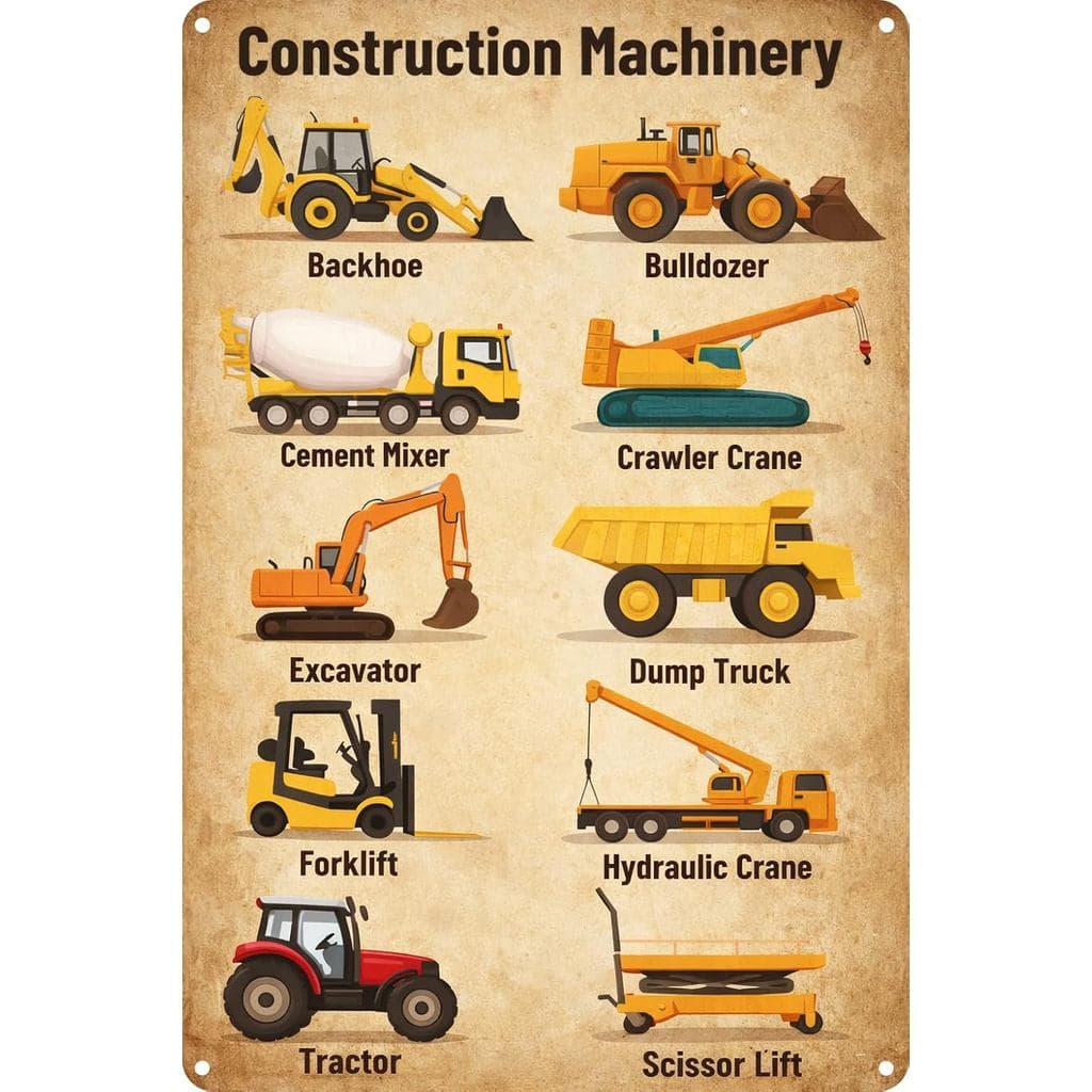 Decoração de Construção para Quarto de Meninos, Placa de Metal com 10 Veículos de Construção Educativos, Arte de Parede