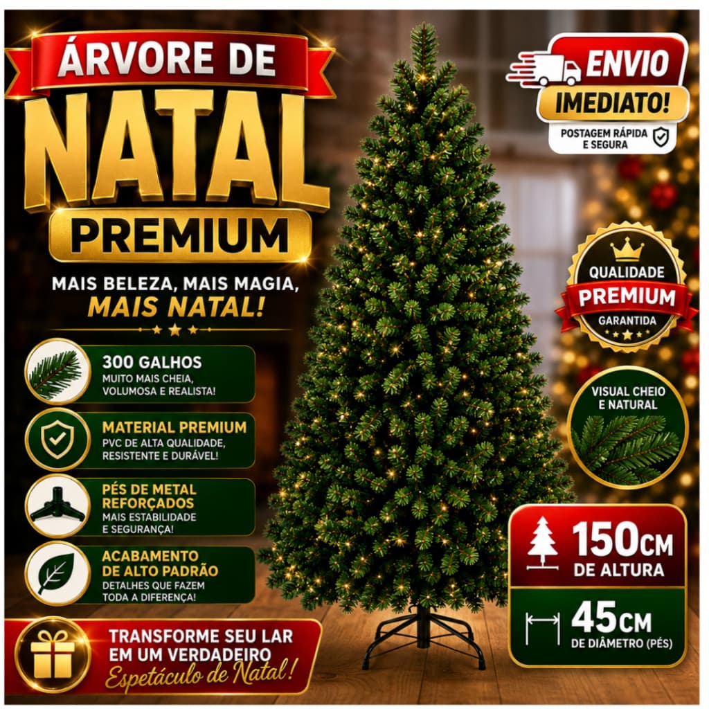 Árvore de Natal Decoração Luxuosa Qualidade Premium Artificial PVC Base Metal 150 cm 300 Galhos