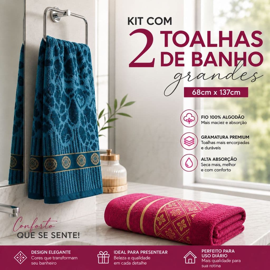 Kit Com 2 Toalhas de Banho 68 x 137cm Resistentes para Uso Diário Macias e Absorventes