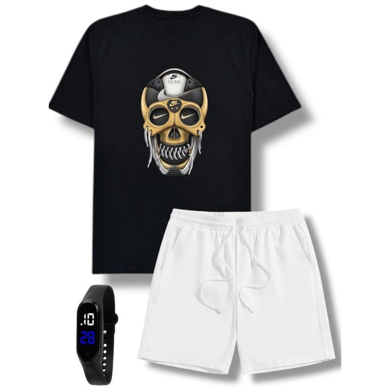 kit conjunto  bermuda tectel praia + camiseta 100% algodão + Relógio Digital