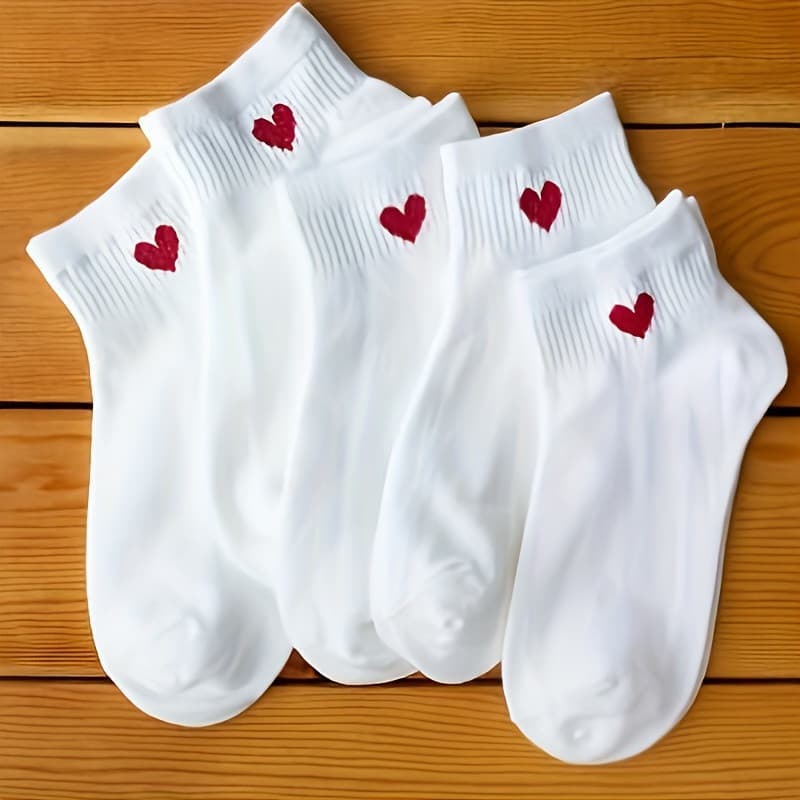 5 Pares De Meias Estampadas Com Coração Vermelho – Malha Canelada Confortável , Perfeita Para Primavera E Outono , Prese