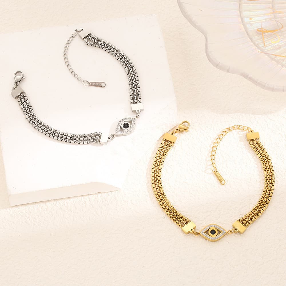 Pulseira Minimalista Banhada a Ouro 18K com Zircônia e Olho do Diabo, Corrente de Três Camadas em Aço Inoxidável 316L