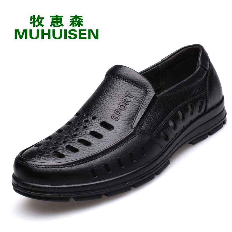 Pa papete Verão Oco Sandálias Respiráveis Sapatos Masculinos De Couro Genuíno Sapatos Casuais De Meia-idade Pai Idoso De