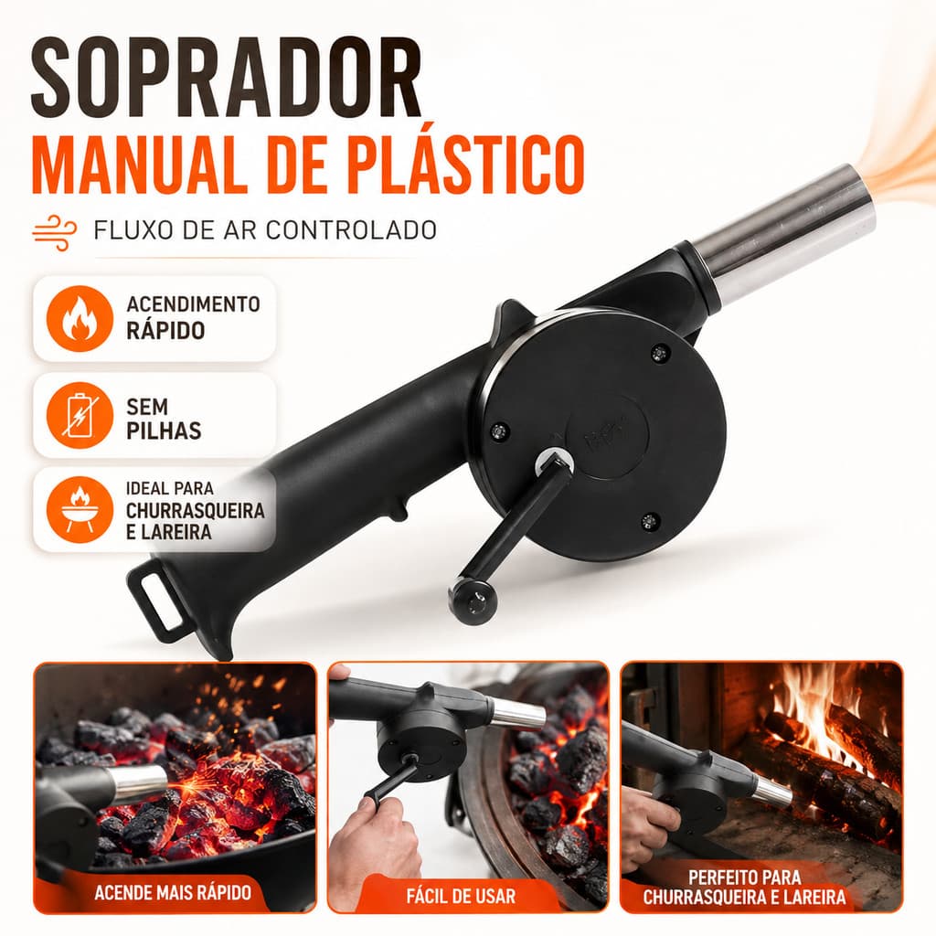 Soprador Acendedor de Carvão Manual para Churrasqueira Lareira e Fogueira Sem Pilha Fluxo de Ar Potente