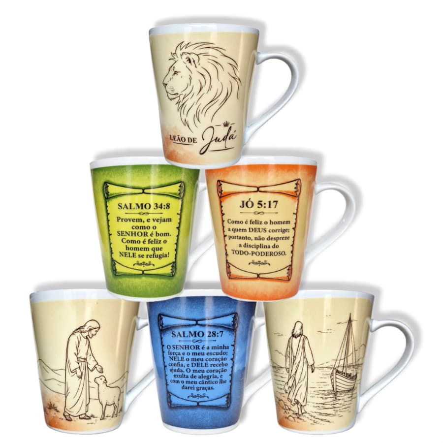Canecas de porcelana brancas, cônicas, decoradas, 290 ml, xícara, café, chá, Col7-Fé-Salmos