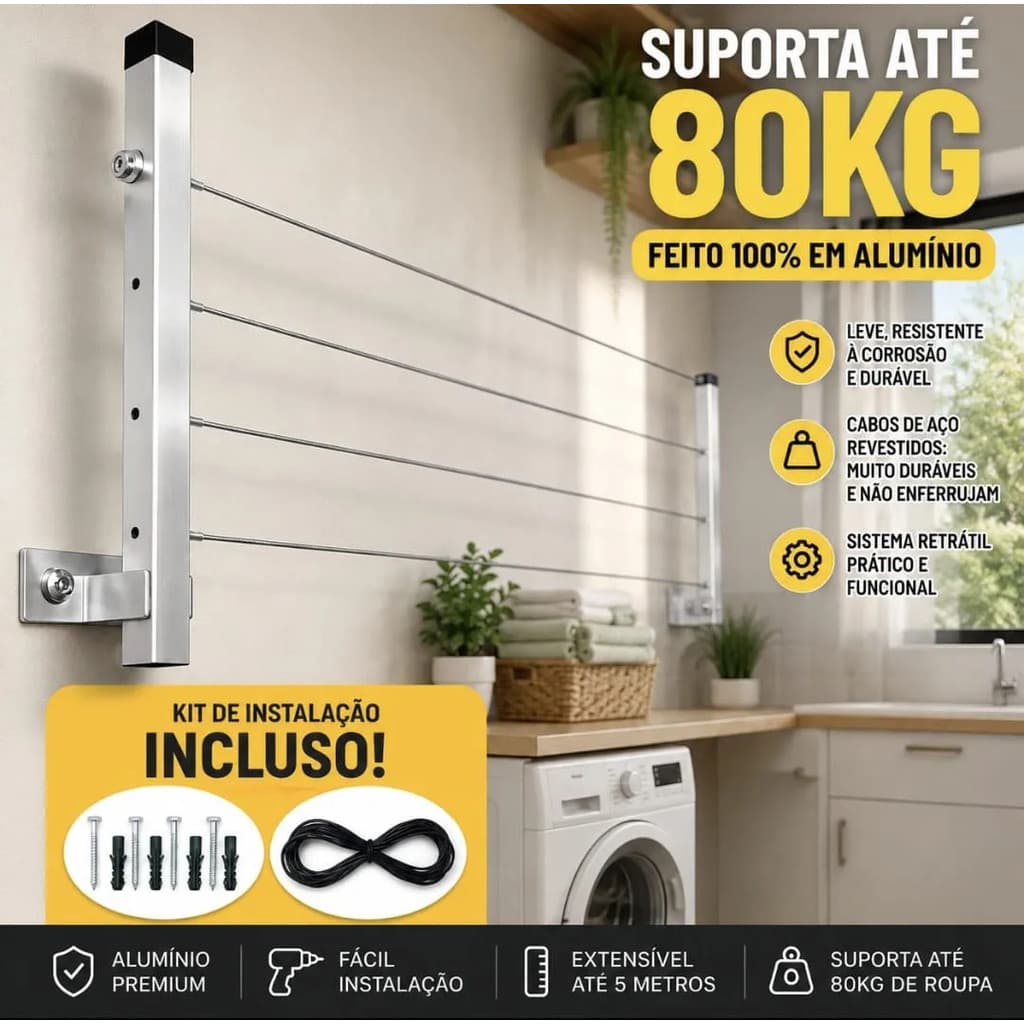Varal De Roupa Reforçado 80 Kg Dobrável 2 Hastes 4 Metros