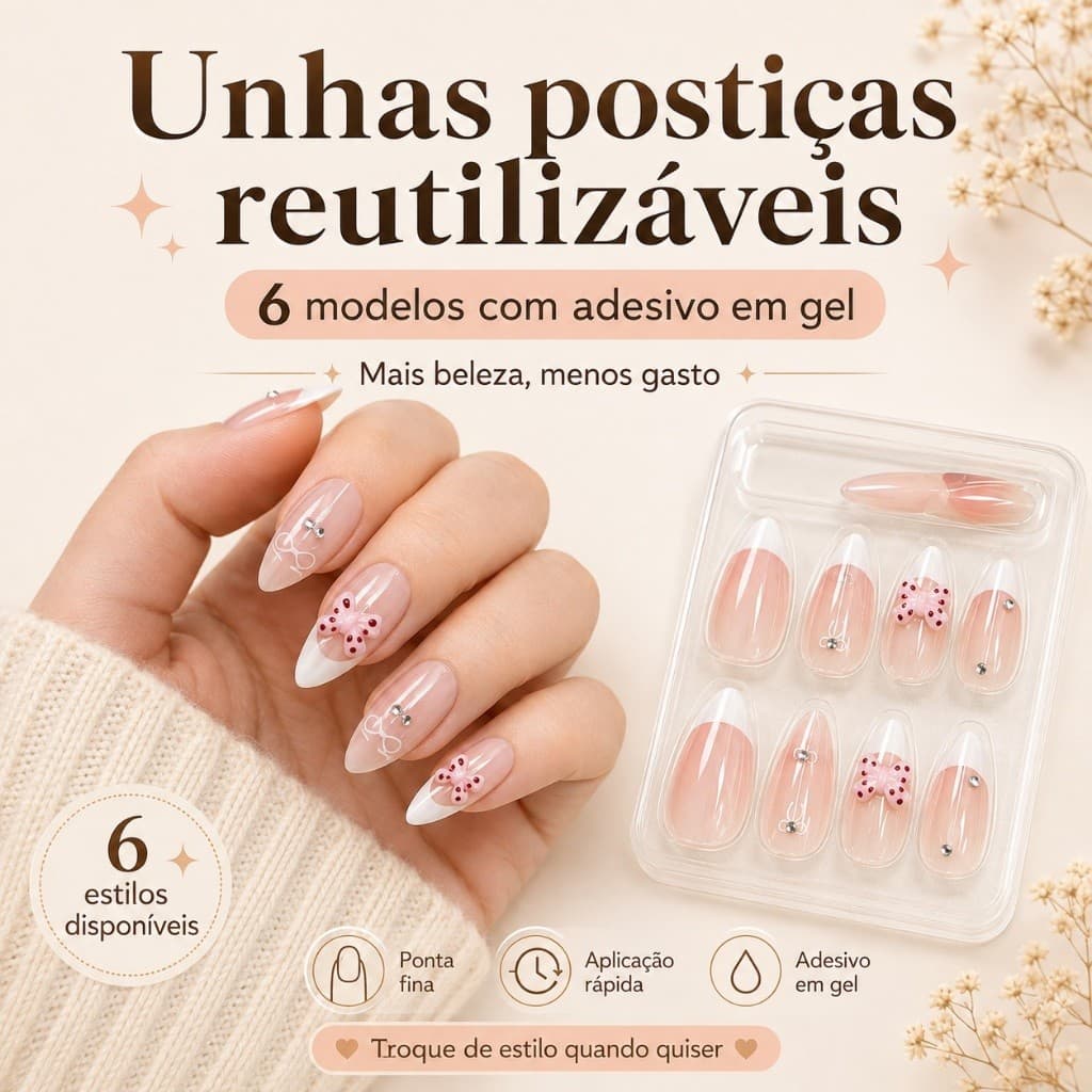 Unhas Postiças Reutilizáveis com Adesivo em Gel – Ponta Fina, Aplicação Rápida, 6 Modelos