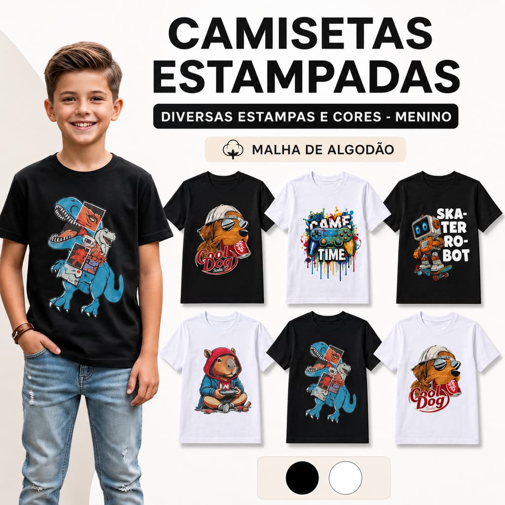 Camiseta Masculina Infantil Menino Algodão Estampada Preta ou Branca do 2 ao 16