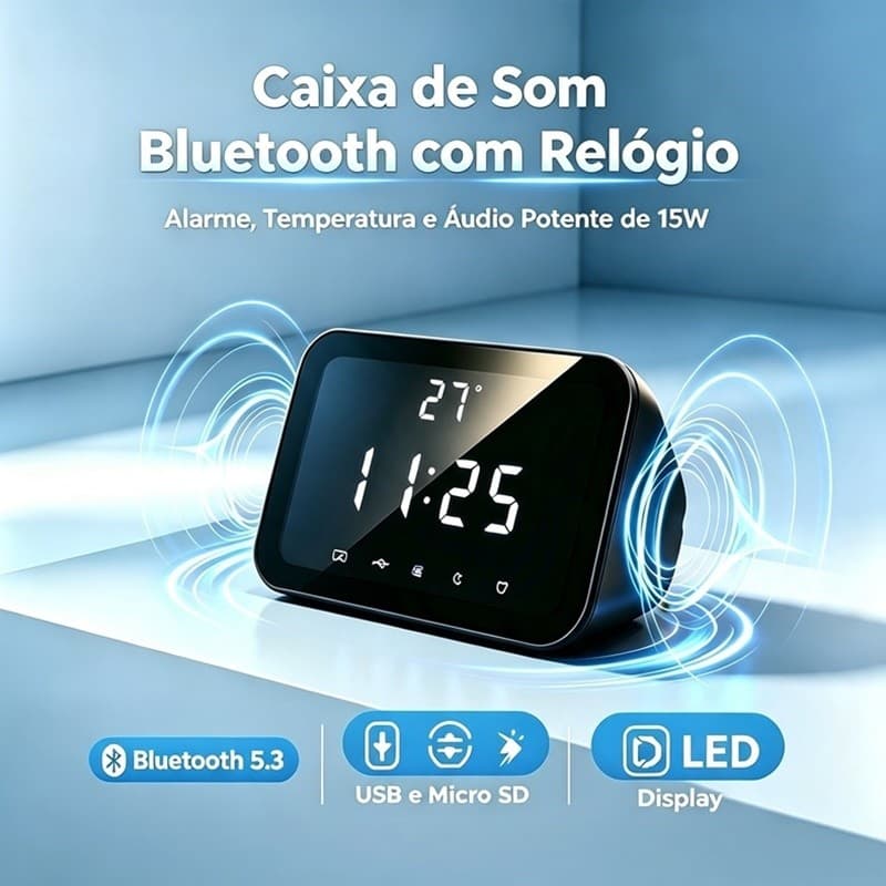 Caixa de Som Bluetooth 15W com Relógio Digital LED Despertador Temperatura USB AIRER.BR