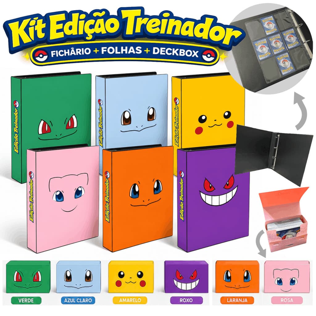 Kit Fichário Álbum para Cartas Pokémon TCG com Deck Box e Folhas – Edição Treinador