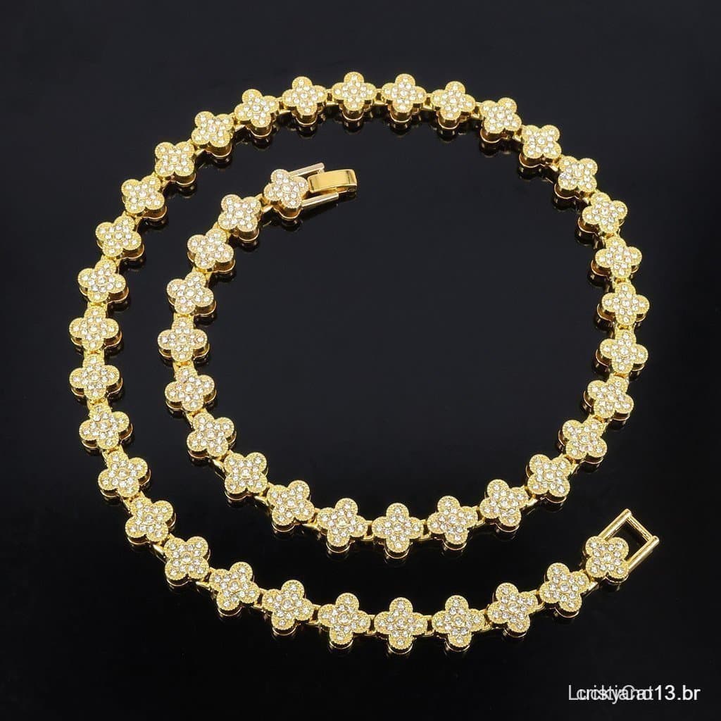 Colar de liga metálica com pequeno trevo de quatro folhas cravejado de diamantes, estilo europeu-americano, joia Hip-Hop