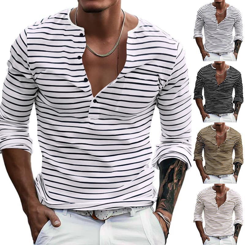 Camiseta masculina de manga comprida com gola Henry e pano de chão com listras horizontais