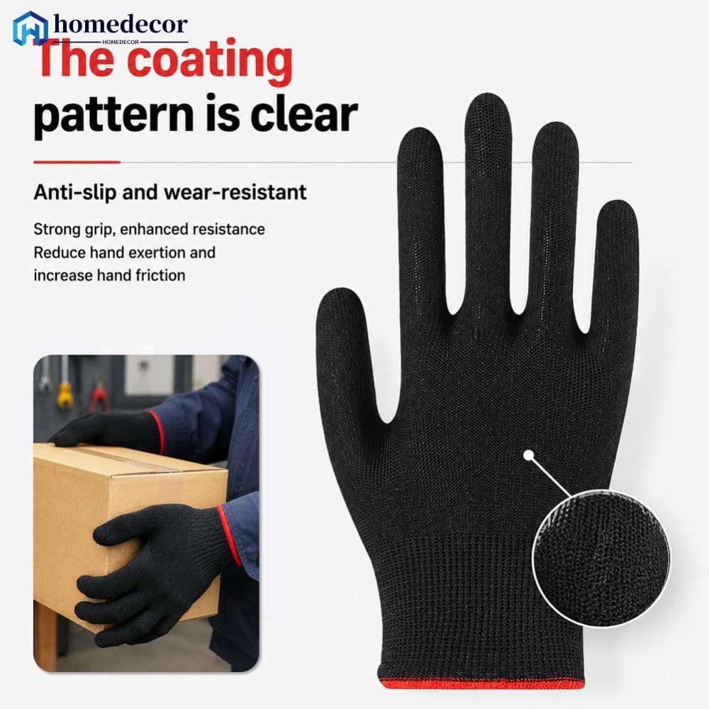 HOMEDECOR 12 Pares De Nylon Antiestático Preto PU Luvas De Proteção Revestidas De Palma Trabalho Respiráveis Antiderrapa