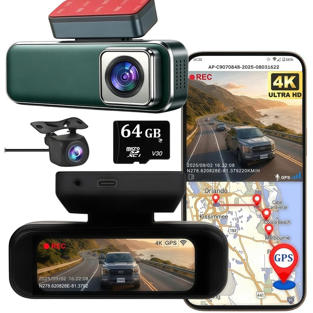 Câmera Veicular 4K Frontal e Traseira com GPS e WiFi, Câmera Dupla para Motoristas de Uber, Lyft e Táxi, Cartão de 64GB,