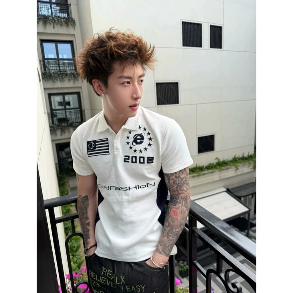 Bandeira Original nicho rua ombro verão estilo fino americano estilo Retro camisa polo de manga curta camiseta
