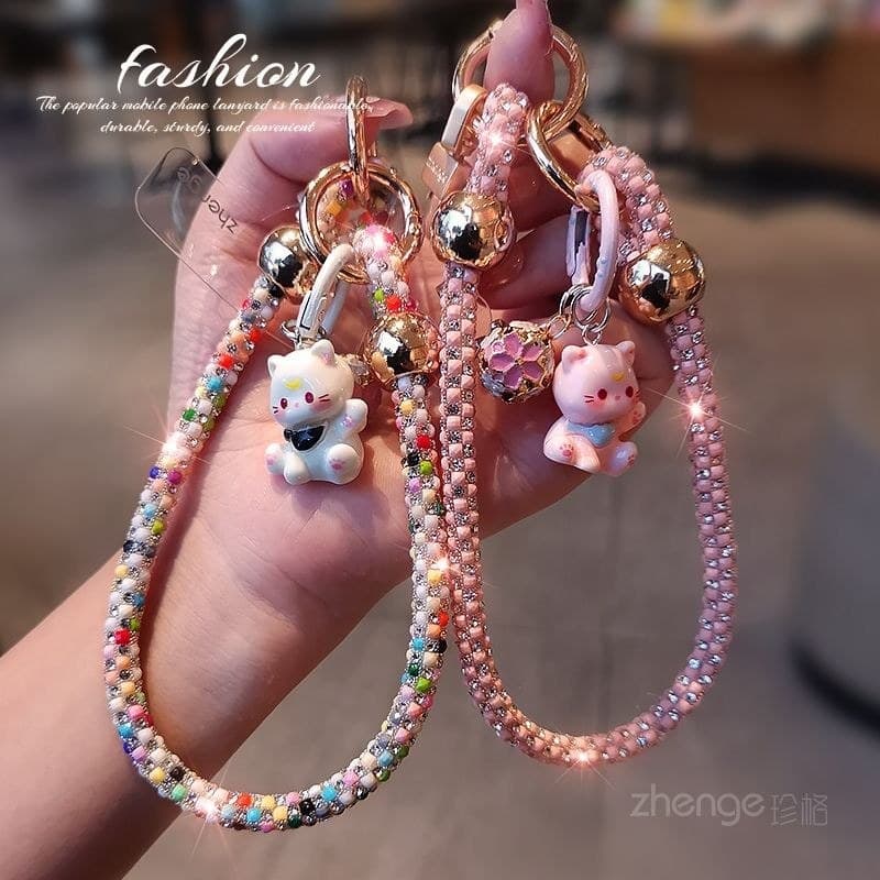 Cordão de telefone móvel com diamante piscante, pulseira feminina de alta qualidade, pingente de sino de gato fofo, capa