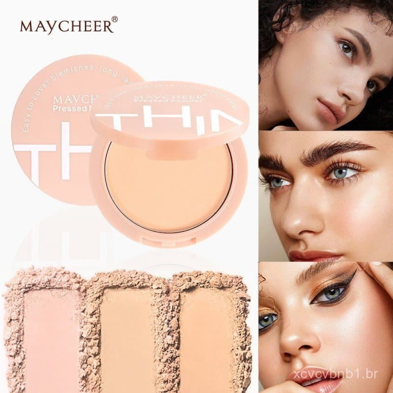 Pó Compacto Leve e Impermeável MAYCHEER, Uso Duplo para Aplicação Úmida e Seca, Corretivo Natural, Pó Natural de Longa D