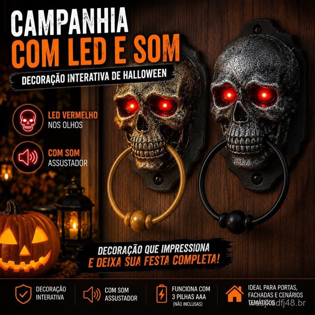 Aldrava Decorativa Halloween LED Som Campanhia Festa Temática Dia das Bruxas