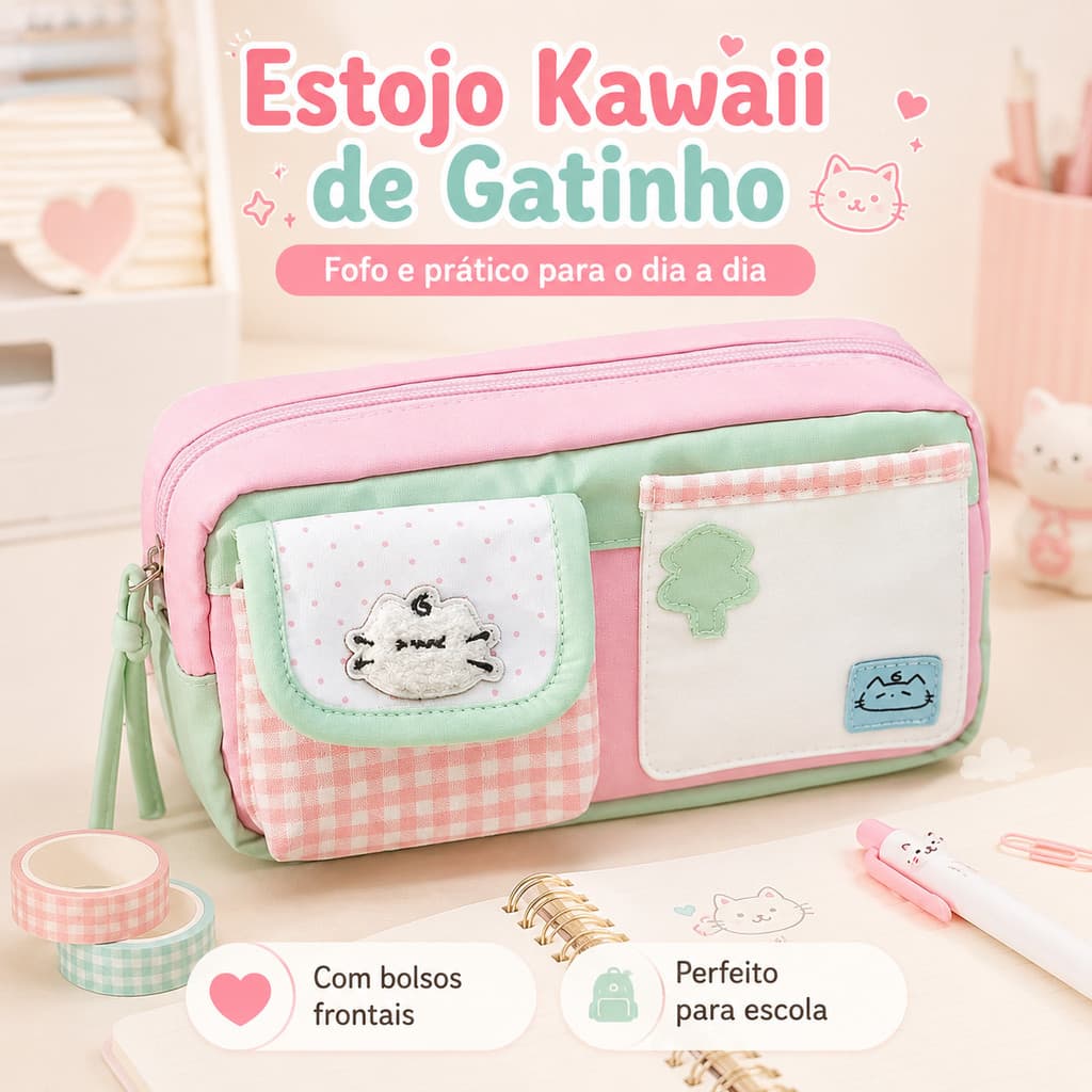 Estojo Kawaii Gato Fofo com Zíper Bolsa de Lápis Escolar Organizador de Papelaria para Meninas