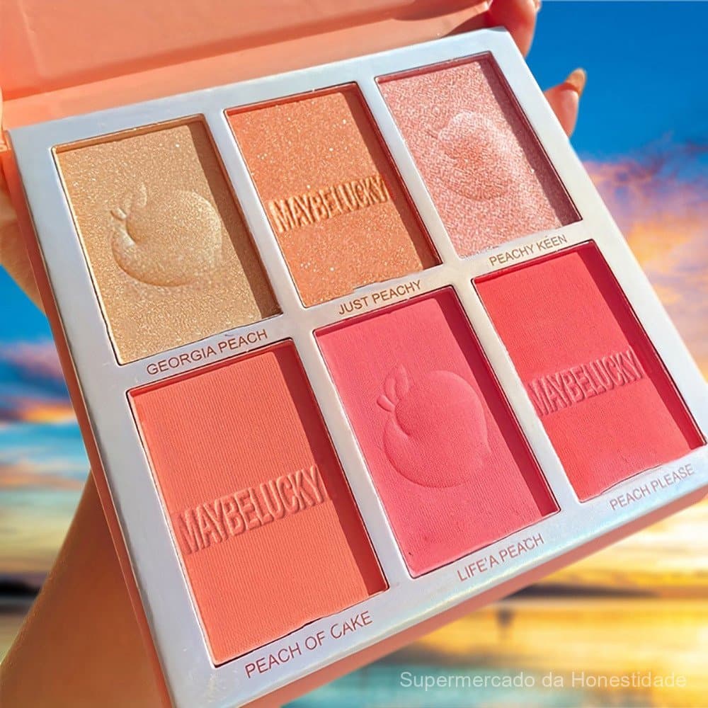 Paleta multifuncional de sombras e blush com 6 cores, com brilho e efeito pérola.