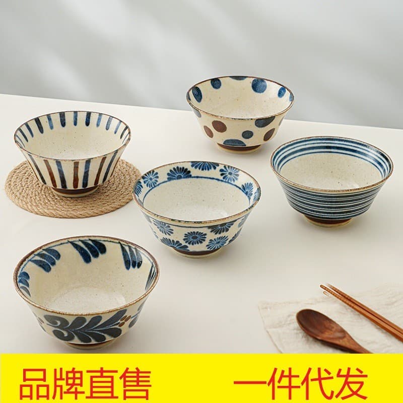 Tigela de arroz de cerâmica vintage importada de Mino, com decoração sob o esmalte, tigela de ramen estilo japonês para