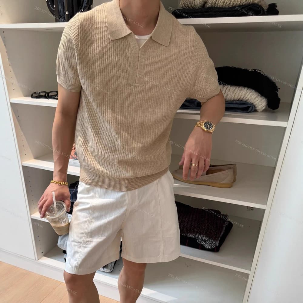 Camisa Polo masculina de manga curta de seda gelo estilo dinheiro antigo verão leve respirável gola gaivota meia manga c