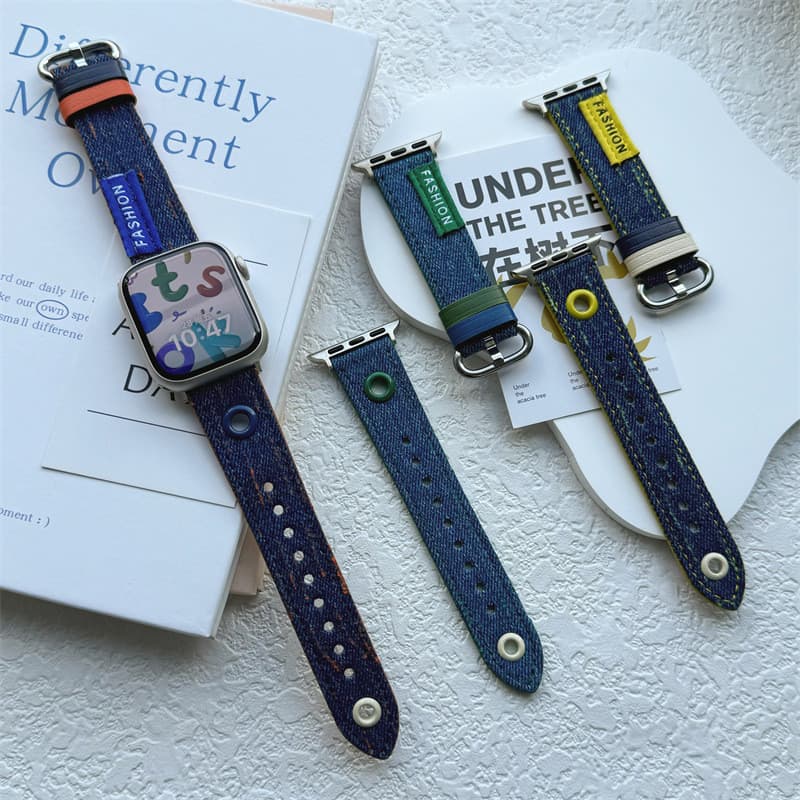 Pronta Entrega |   Apple Watch Series 10 com Pulseira de Couro Denim |   Faixa de Contraste em Denim Tecido |   Compatív