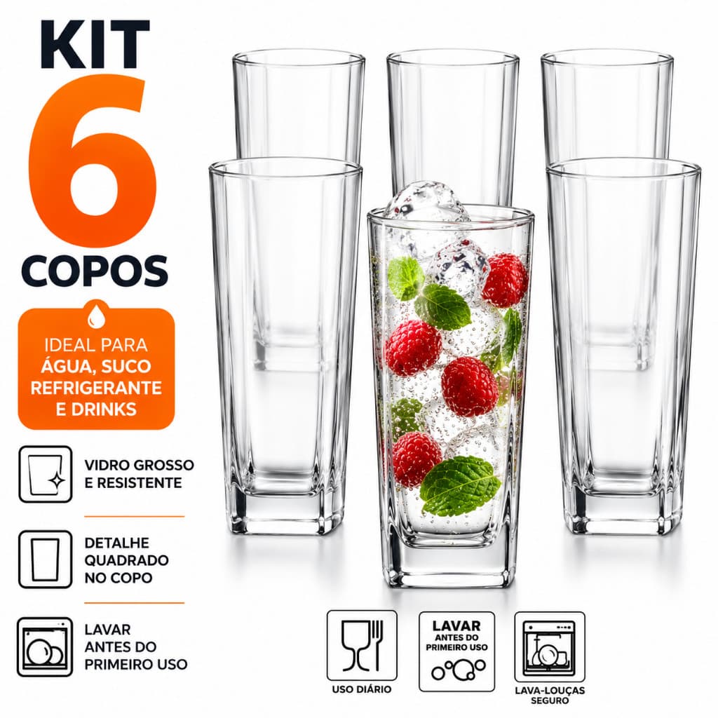Jogo 6 Copos de Vidro Quadrado Luxo Kit Copo Agua Suco Refrigerante Mesa Posta Cozinha Jantar