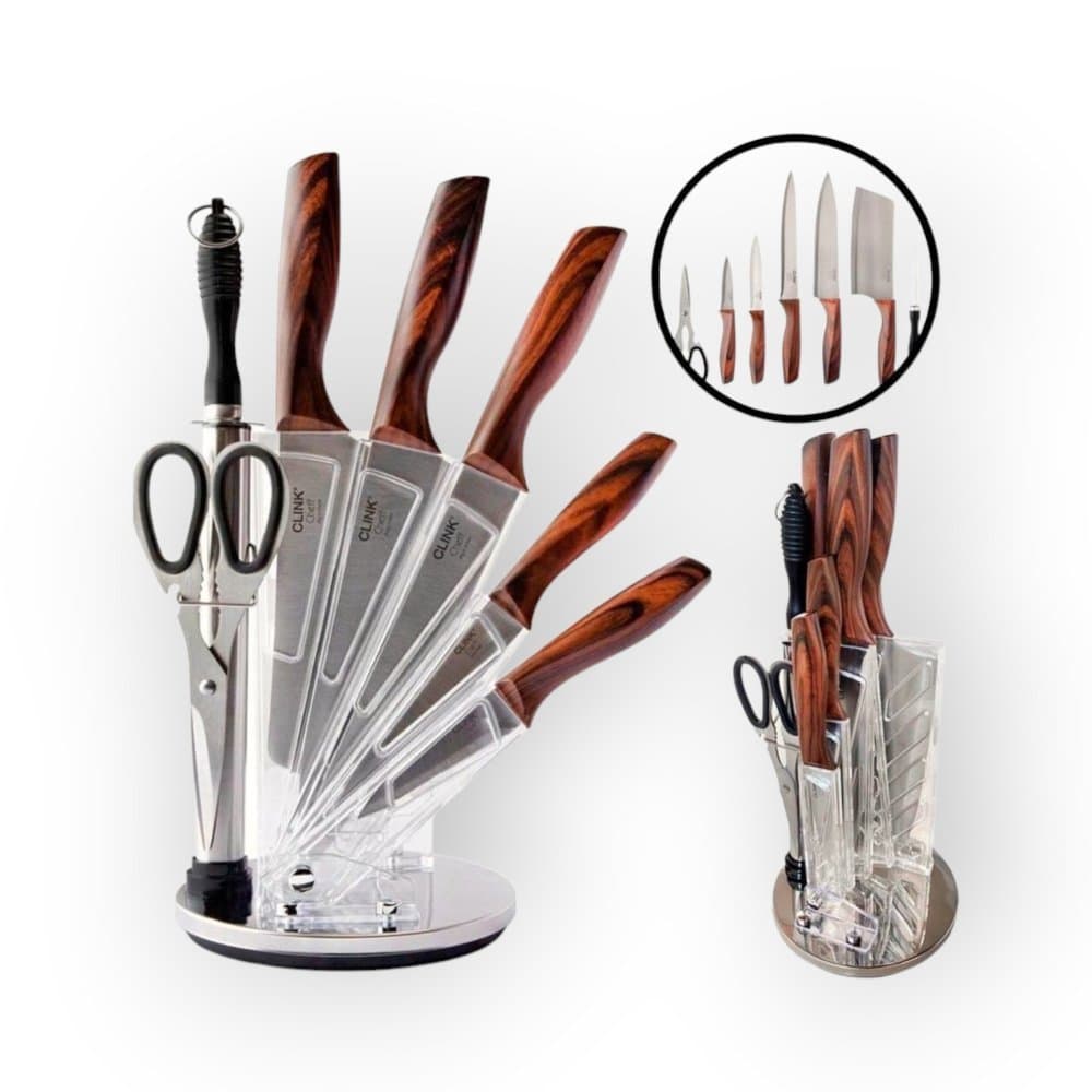 Kit Facas 8 Peças com Suporte Clink Aço Inox Cutelo Chef Desossar Chaira Tesoura