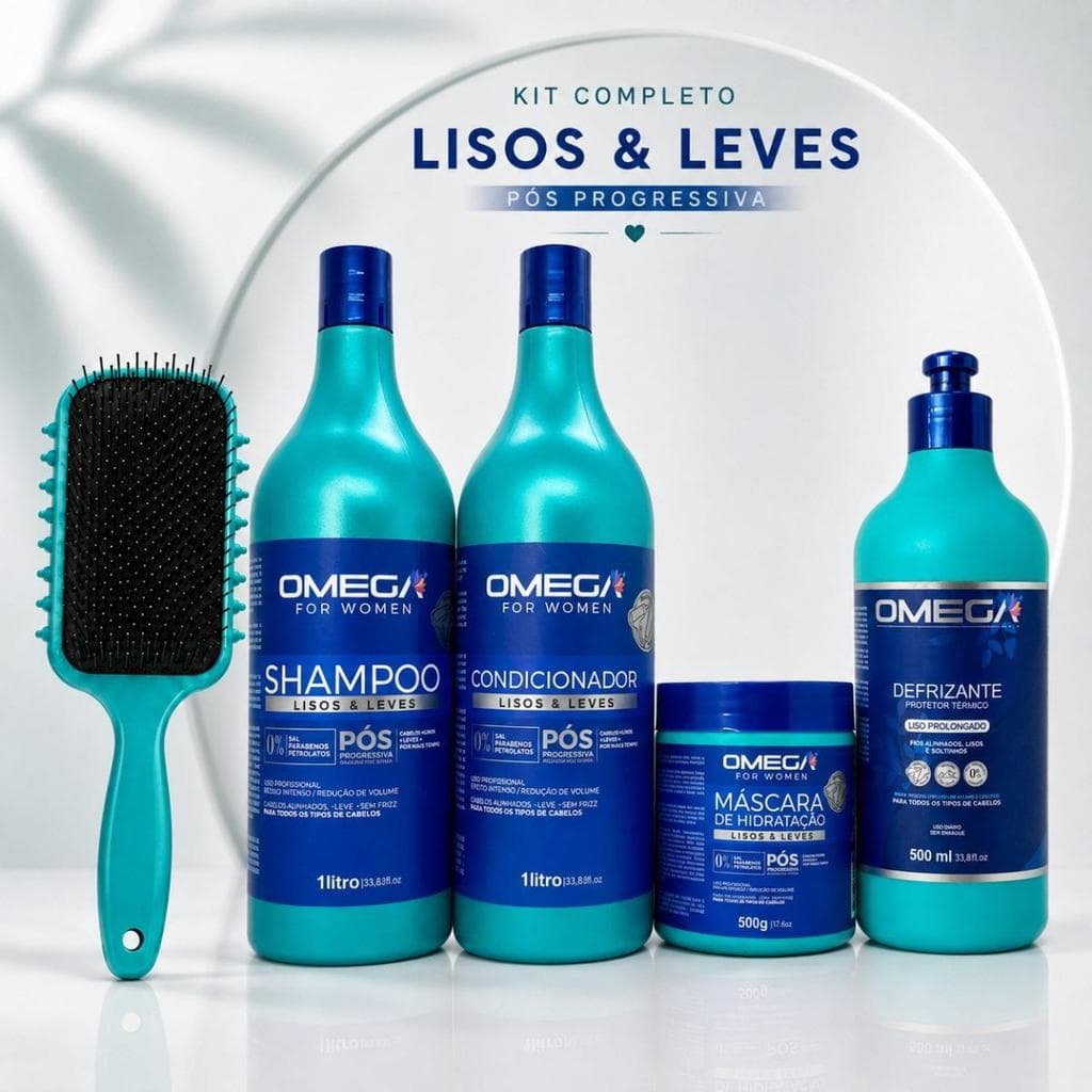 KIT CAPILAR LISOS E LEVES OMEGA HAIR + ESCOVA DE FITAGEM