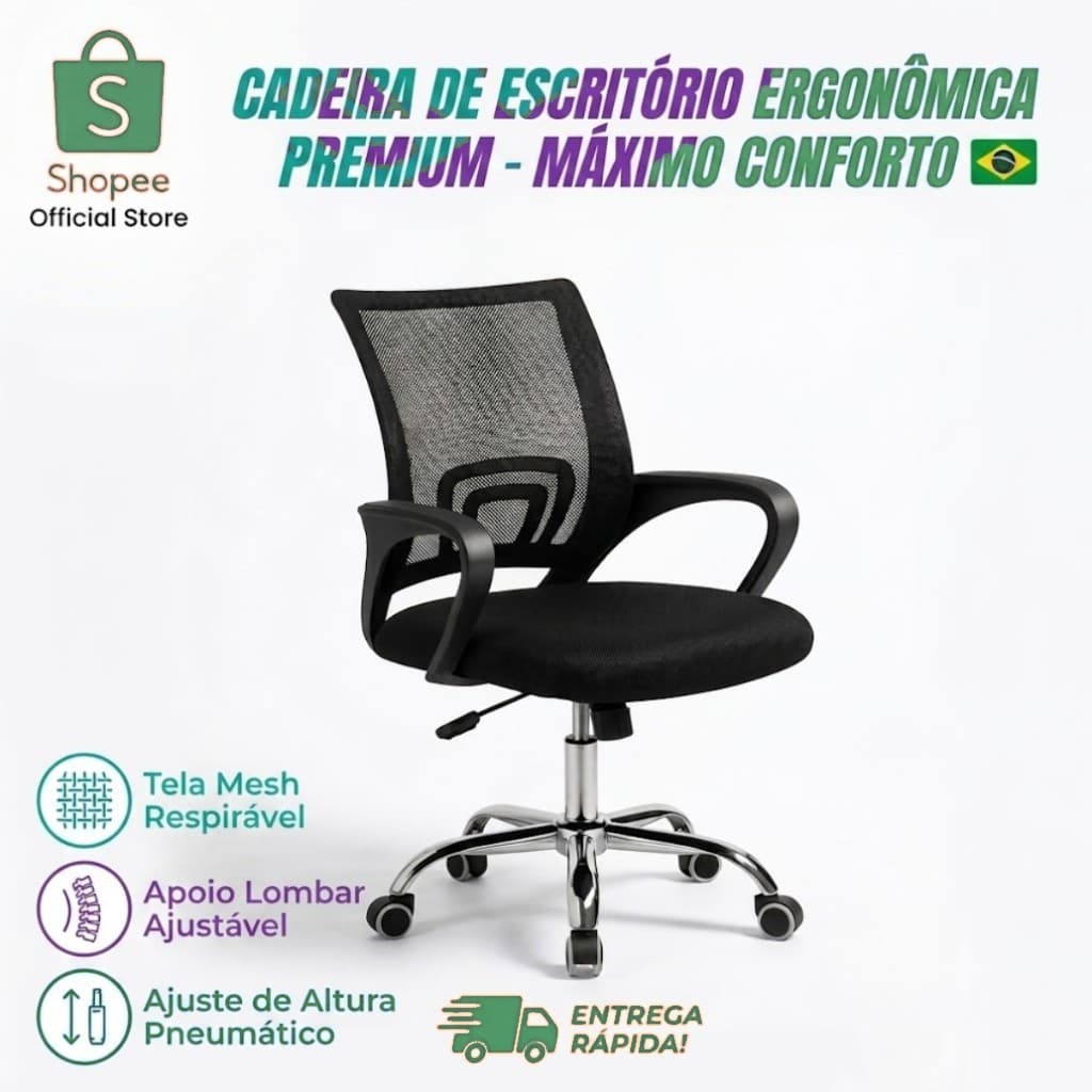 Cadeira de Escritório Mesh Ergonômica Giratória com Apoio Lombar e Regulagem de Altura 2 Peças