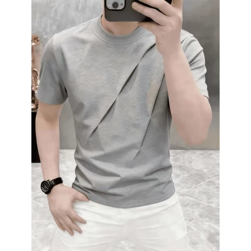 Camiseta masculina de manga curta cinza em torno do pescoço cor sólida estilo High-End na moda topo juventude moda All-M