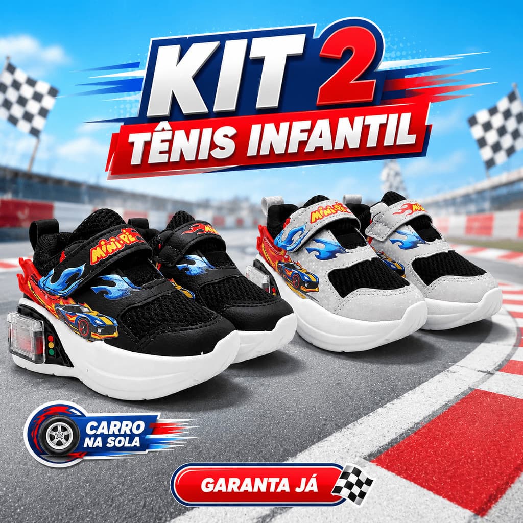 KIT 2 PARES Tênis Infantil Menino Garagem 2 Carrinhos Velcro Leve Confortável Durável Resistente Ideal Escola